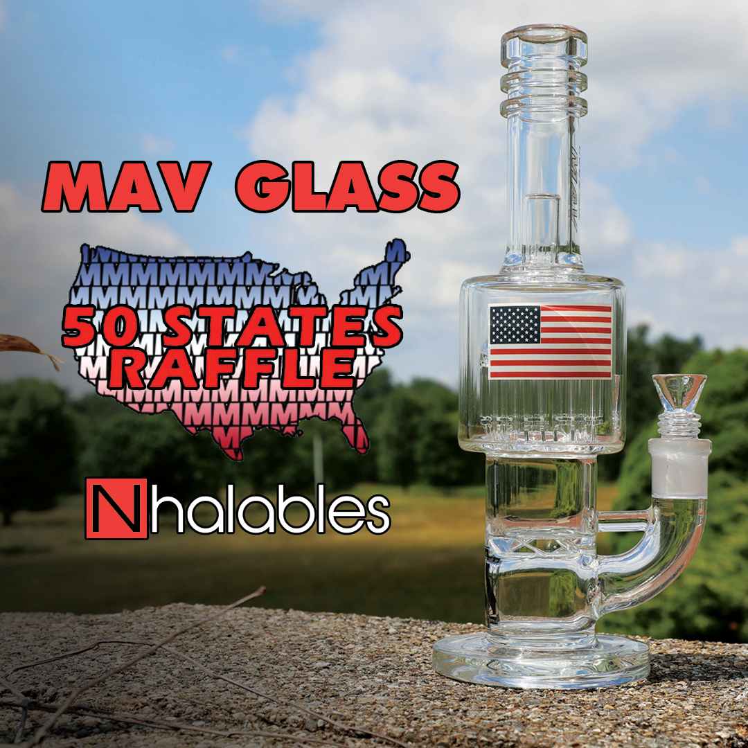 Nhalables Social Post for the Mav Glass 50 States Giveaway Raffle. showing a Turbine Perc to Tree Perc Water Pip sitting on a rock with a field in the background.