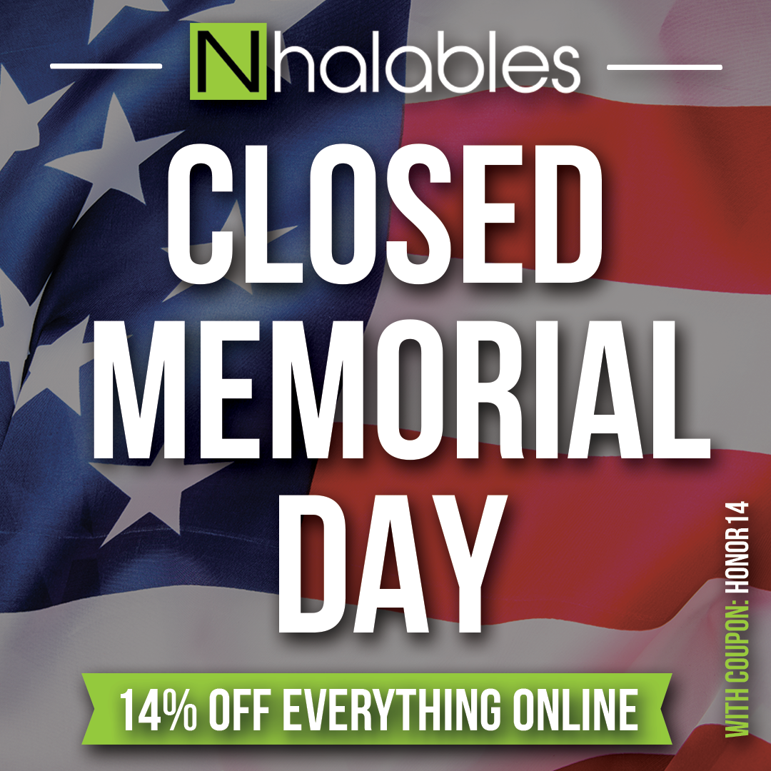 Nhalables Social Image For Memorial Day.  White Font saying Closed for Memorial Day over an American flag
