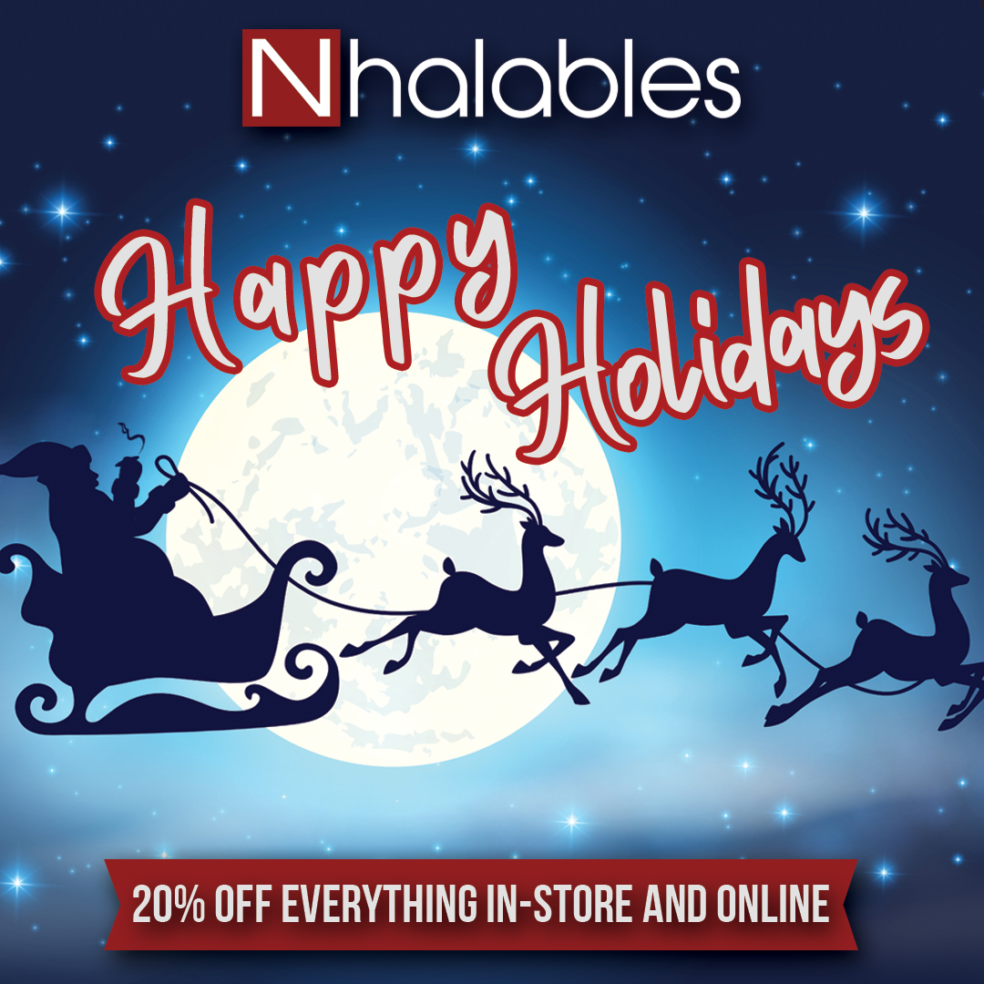 Nhalables Social Post showing Santa Smoking while flying through the air with his reindeer and sleigh with the words Happy Holiday Over It.  20% off almost everything instore and online
