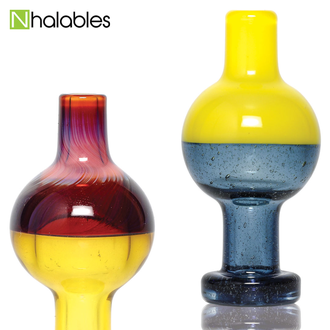 Nhalables Social Image showing two dual colored Bubble Caps by Arizona based glassblowers Zombie Hand Studios 