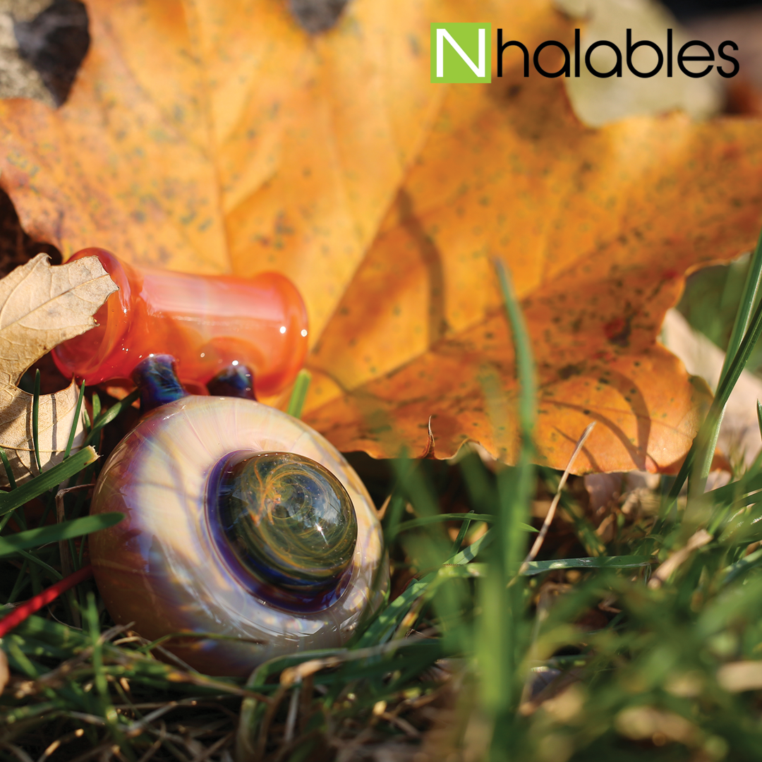 Nhalables Social Post showing a seredipity glass pendant by Akron, Ohio based artist EyeHole Glass. sitting on the grass with a leaf in the background.