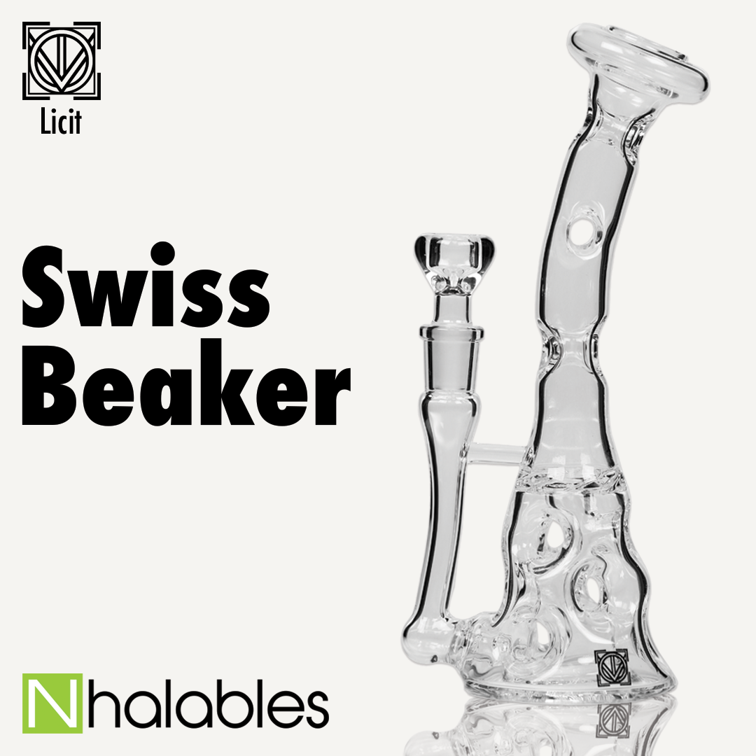 Nhalables Licit Glass Swiss Beaker with swiss beaker waterpipe in plain text to the left 