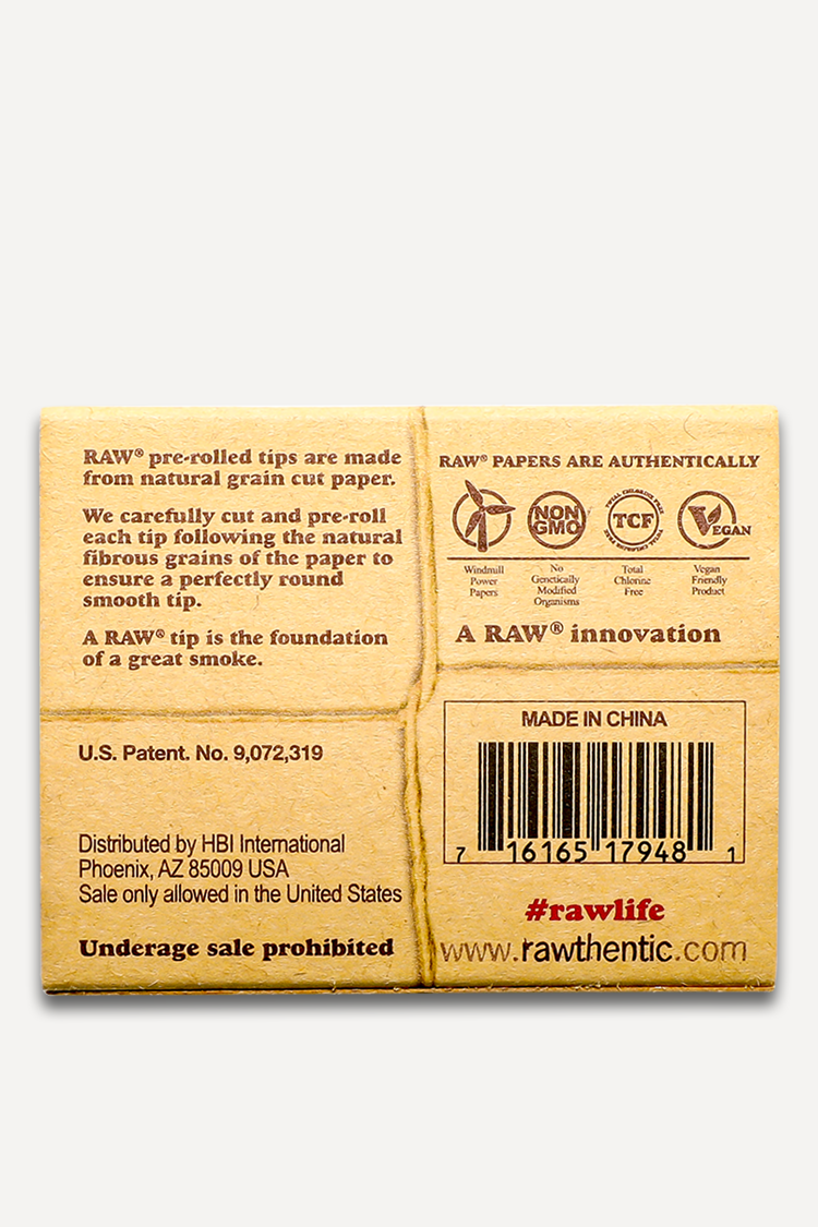 Nhalables Actual Image for the back of the box of Raw Pre-Rolled Rolling Tips